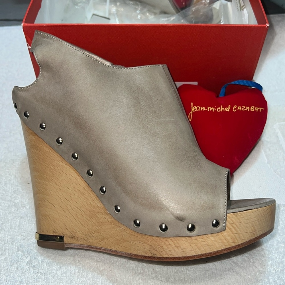JEAN-MICHEL CAZABAT Women's Wanda Peep-toe Sling Wood Wedge  taupe leather 37.5M